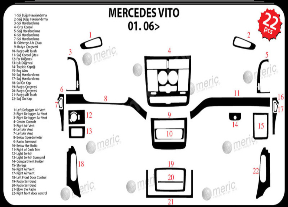 Mercedes Vito Piano Черное покрытие 2004-2006 22 шт.