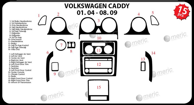 Volkswagen Caddy Konsol-Maun Kaplama 2004-2009 16 Parça
