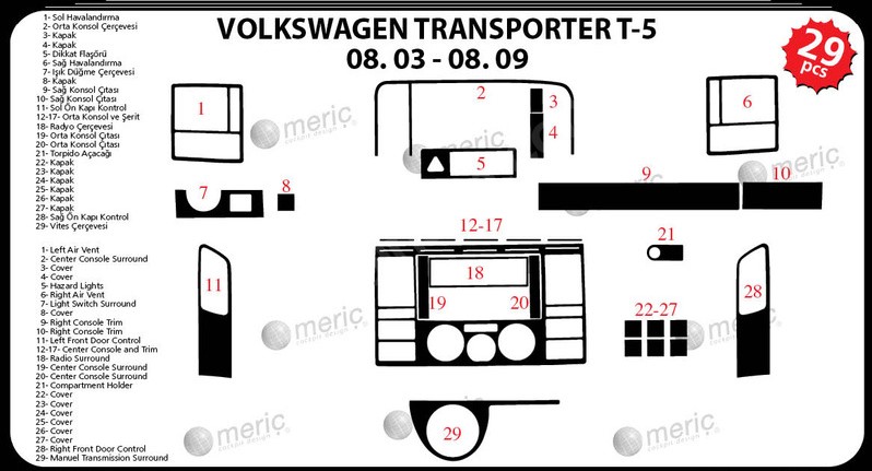 Volkswagen Transporter T5 Konsol-Maun Kaplama  2003-2009 29 Parça