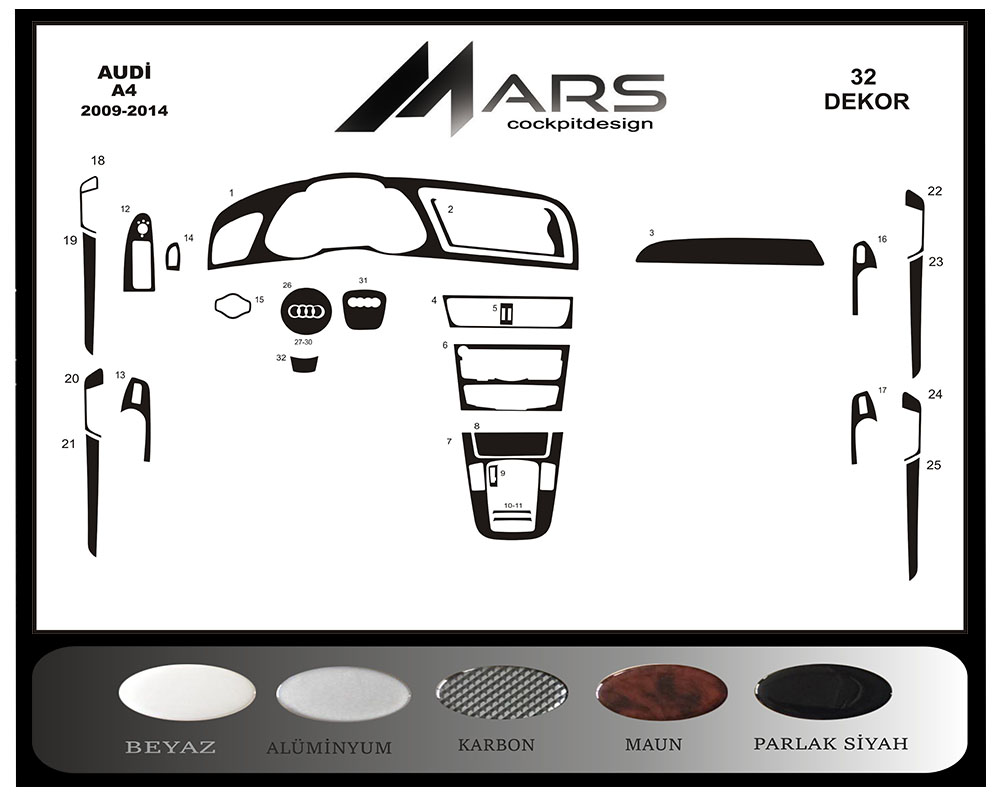 Audi A4 2009 Console-Mahogany Veneer 32 Pieces