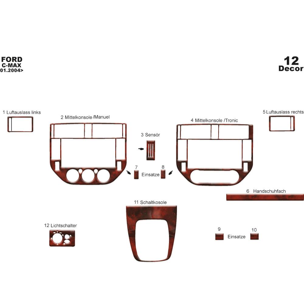 Ford C Max Torpido Kaplama 2004-2010 12 Parça (Analog Klima)
