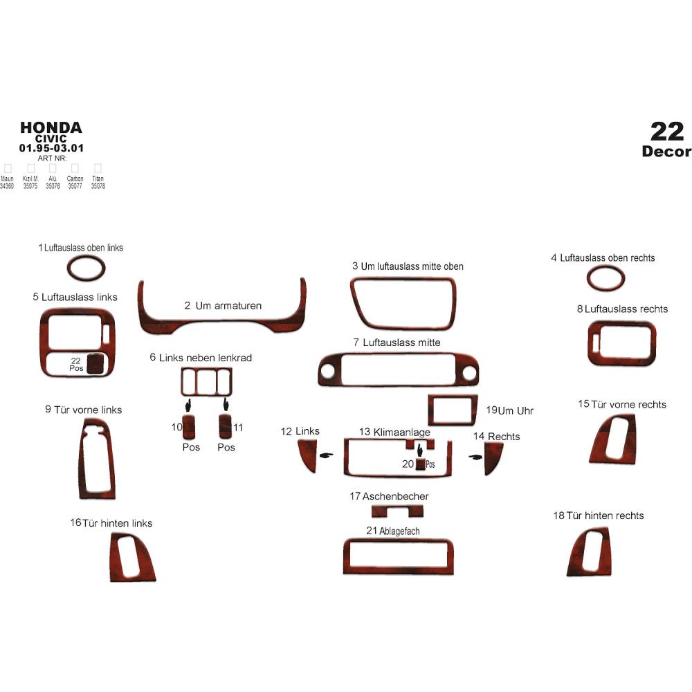 Honda Civic Torpido Kaplama 1995-2001 22 Parça