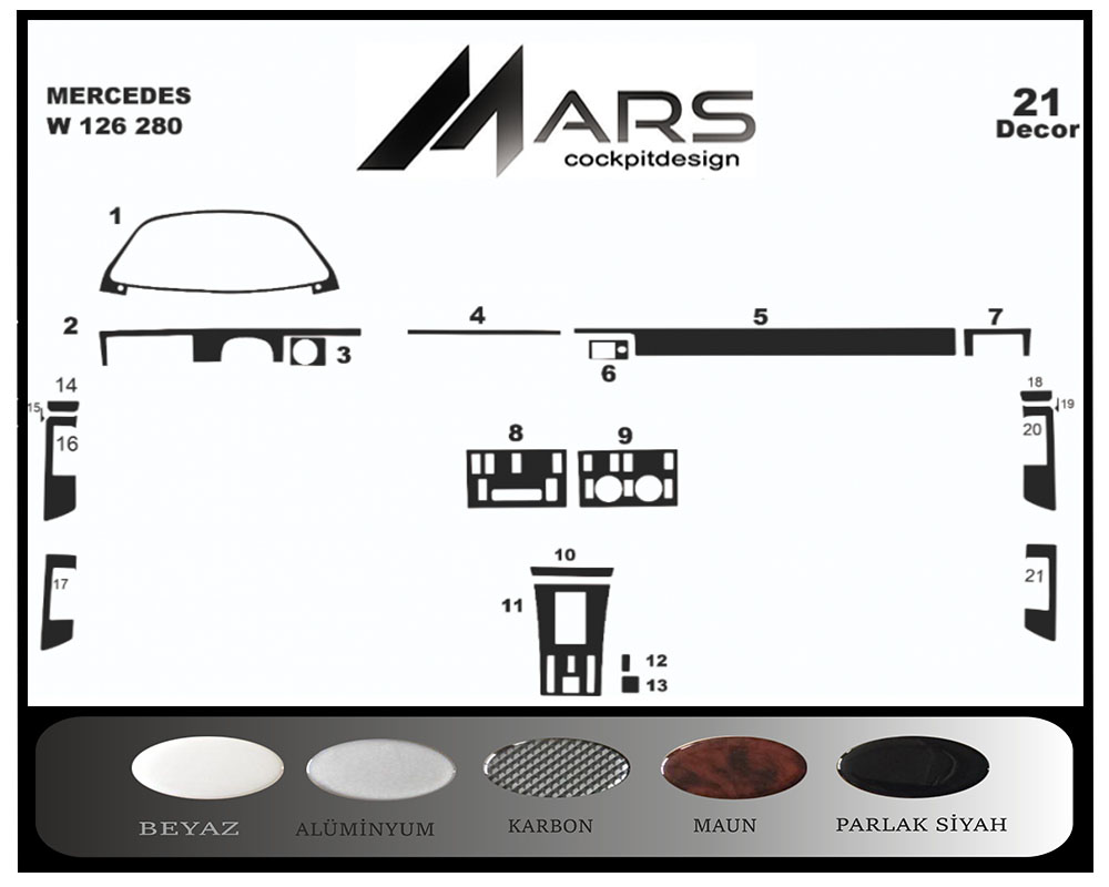 Mercedes 280 SE Console-Mahogany Veneer 1980-1985 21 Pieces