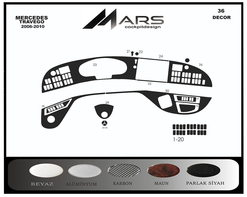 Mercedes Travego Piano Black Coating 2005-2010 36 Pieces
