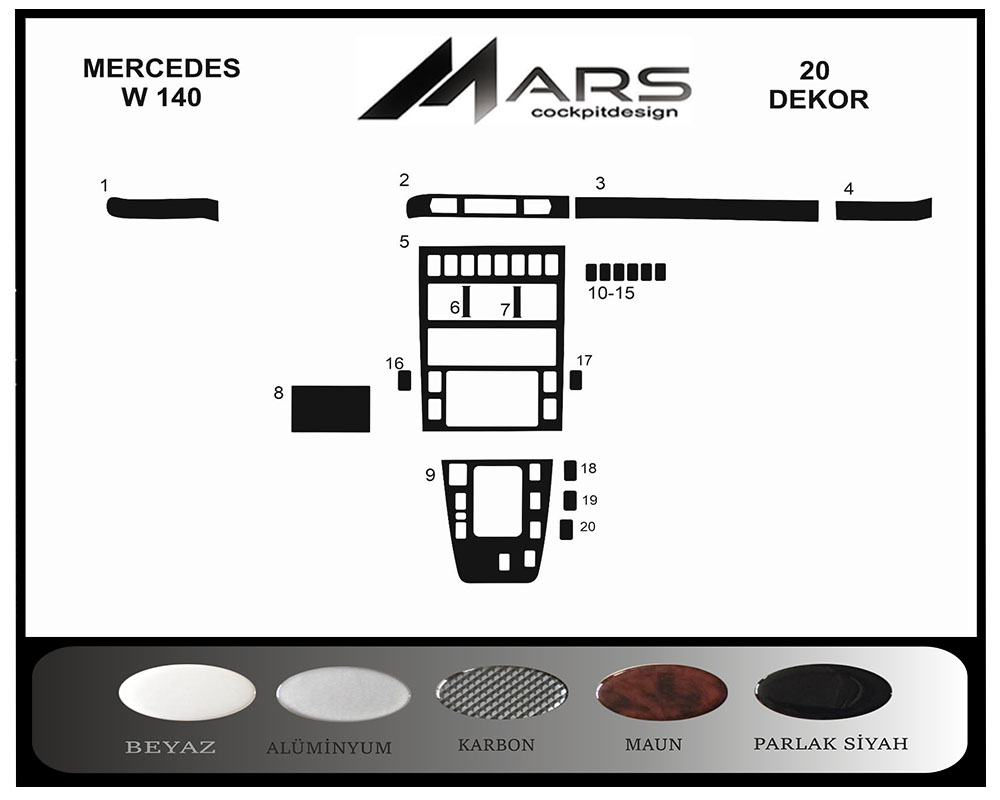 Mercedes W140 Console-Mahogany Veneer 20 Pieces