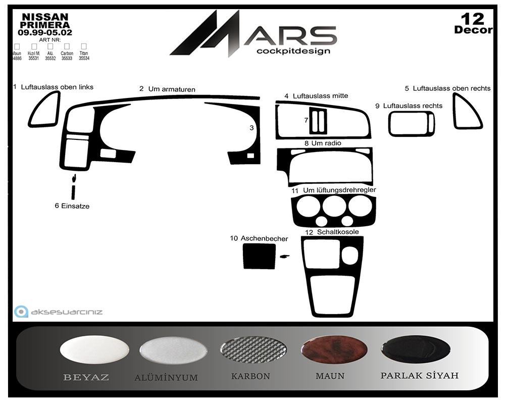 Nissan Primera Console-Mahogany Veneer 1999-2002 12 Pieces