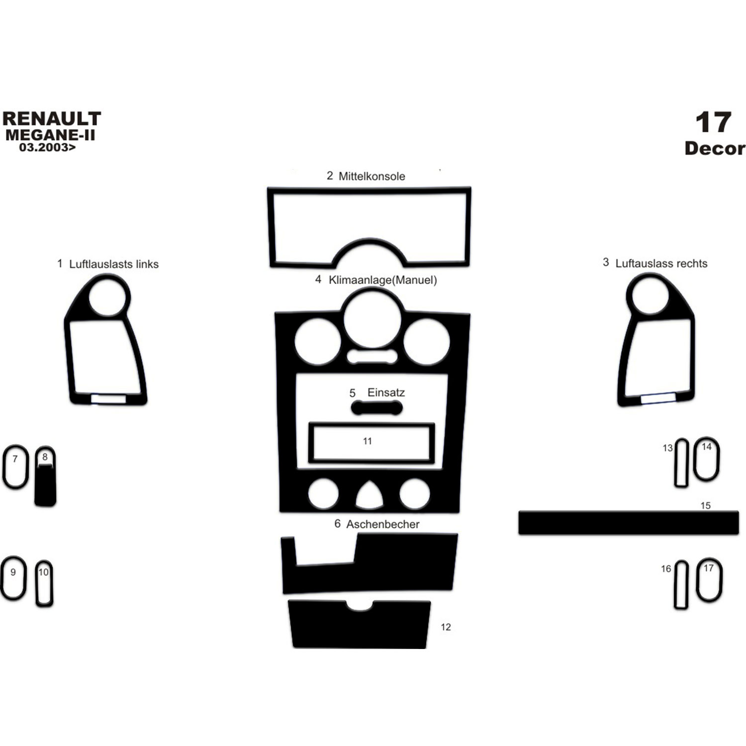 Renault Megane 2 ANALOG KLİMA  Konsol-Torpido Kaplama 2003-2009 17 Parça