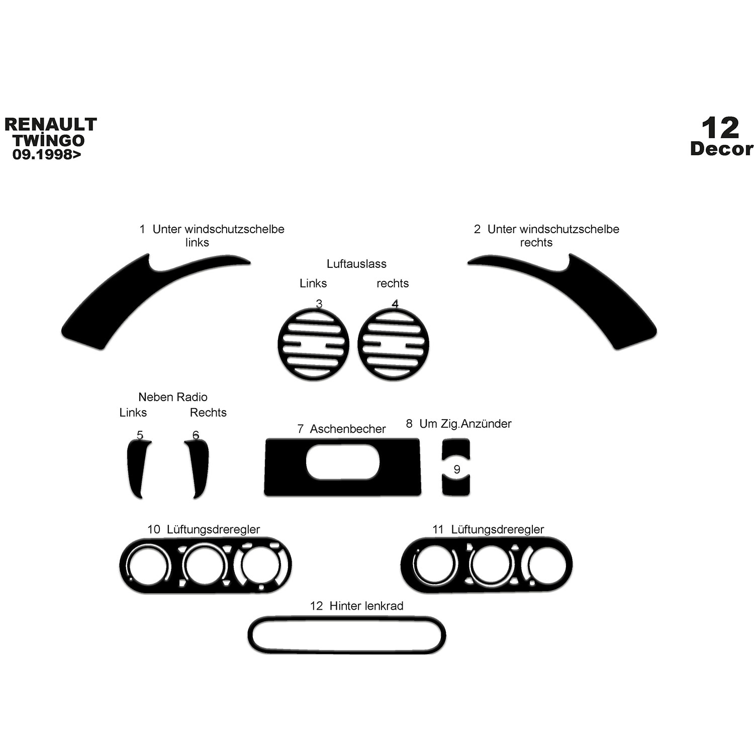 Renault Twingo Torpido Kaplama 1998-2004 12 Parça
