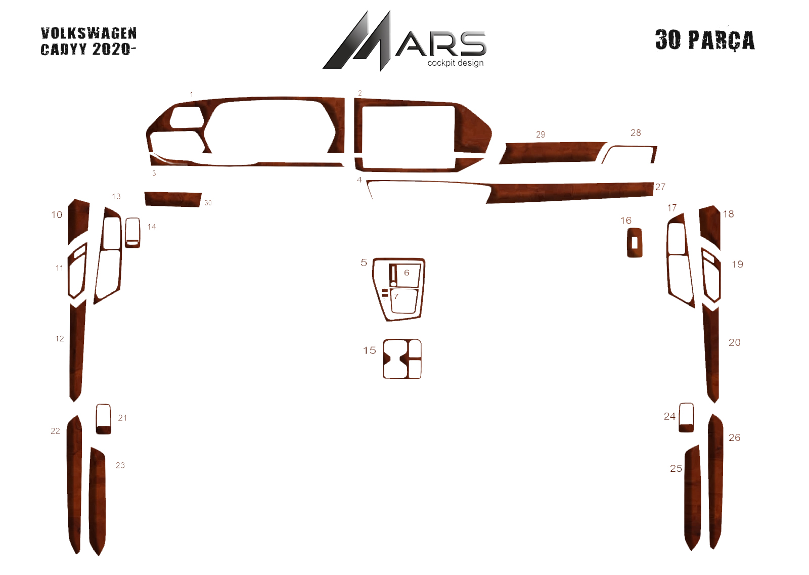 Volkswagen Caddy Konsol-Torpido Kaplama 2020- 30 Parça
