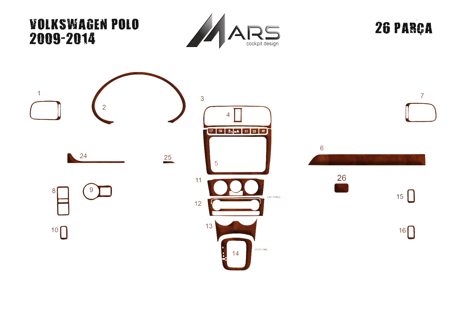 Volkswagen Polo Console-Mahogany Veneer 2009 14 Pieces