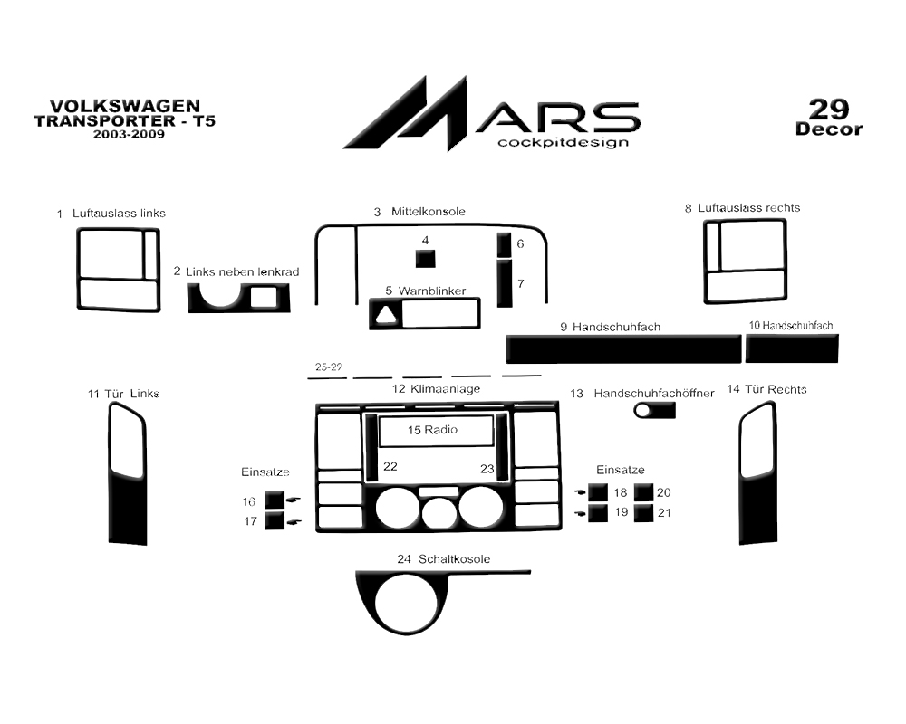 Volkswagen Transporter T5 Console-Mahogany Veneer 2003-2009 29 Pieces