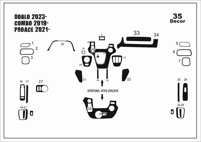 Fiat Doblo 2023-Opel Combo2019- Toyota Proace 2021- Konsol Torpido Kaplama