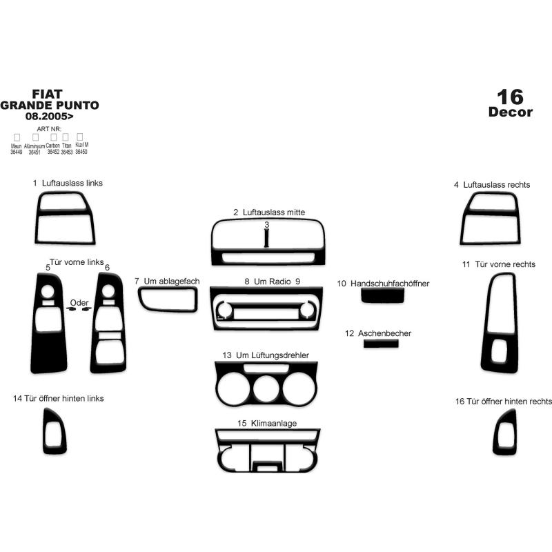 Fiat Grande Punto Armaturenbrett- und Konsolenverkleidung 2005 16 teilig