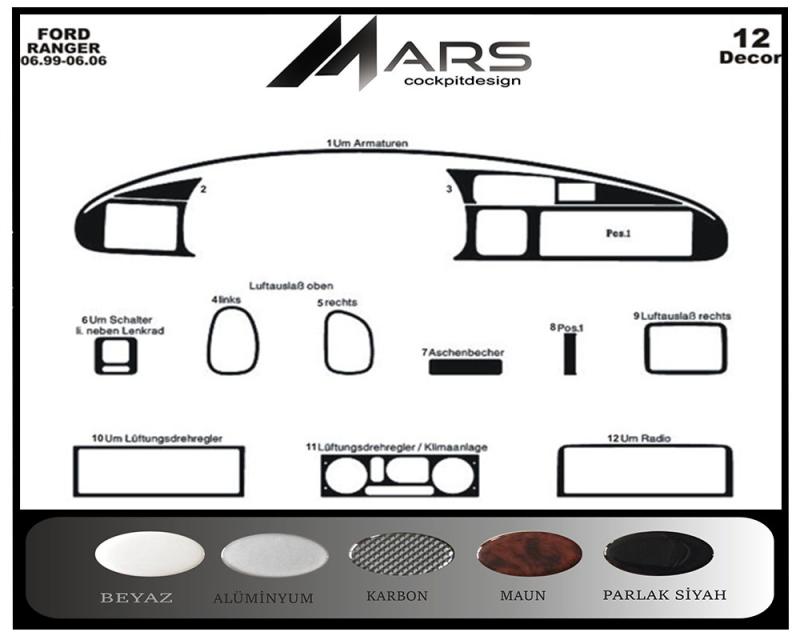 Ford Ranger Torpido Kaplama 1999-2006 12 Parça