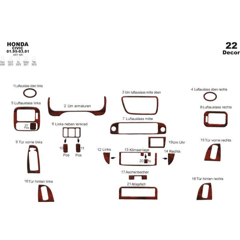 Honda Civic Torpido Kaplama 1995-2001 22 Parça