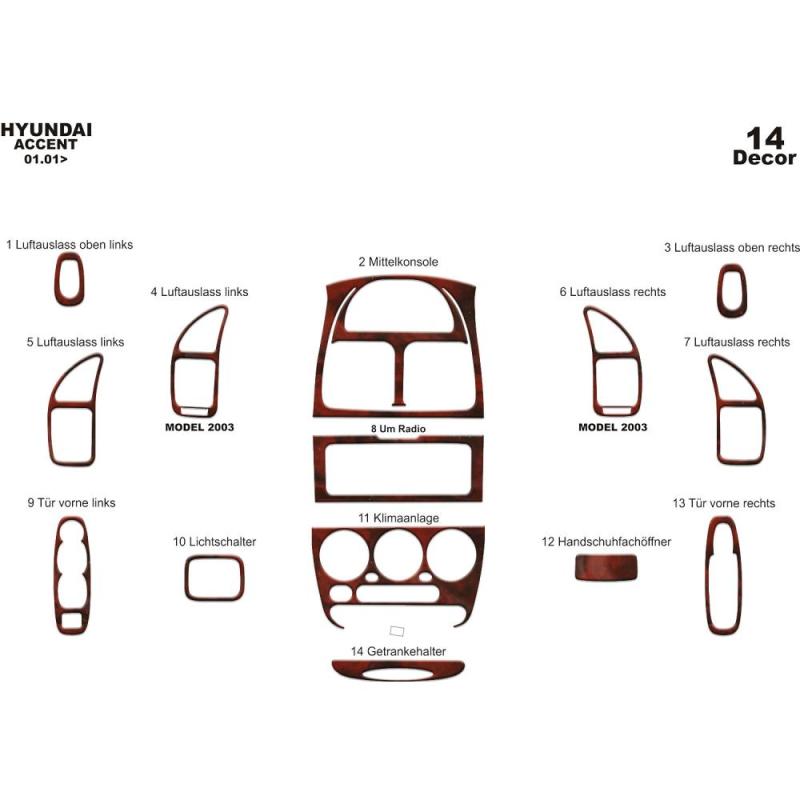 Hyundai Accent Torpido Kaplama 2001-2005 14 Parça