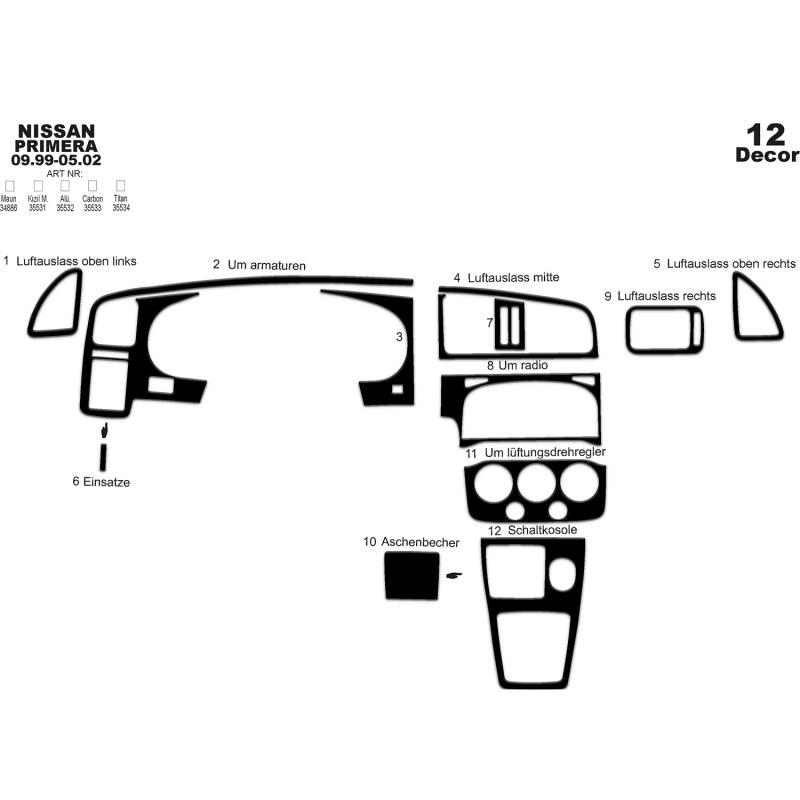 Nissan Primera Armaturenbrett- und Konsolenverkleidung 1999-2002 12 teilig