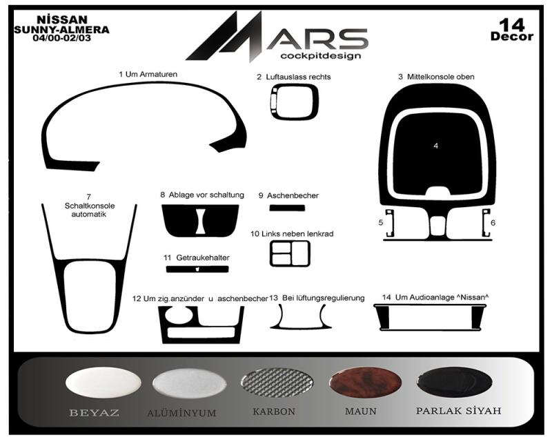 Nissan Sunny Almera Console-Mahogany Veneer 2000-2003 14 Pieces