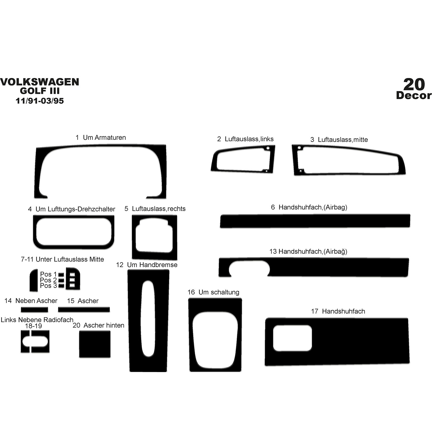 Volkswagen Golf 3 Torpido Kaplama 1991-1995 20 Parça