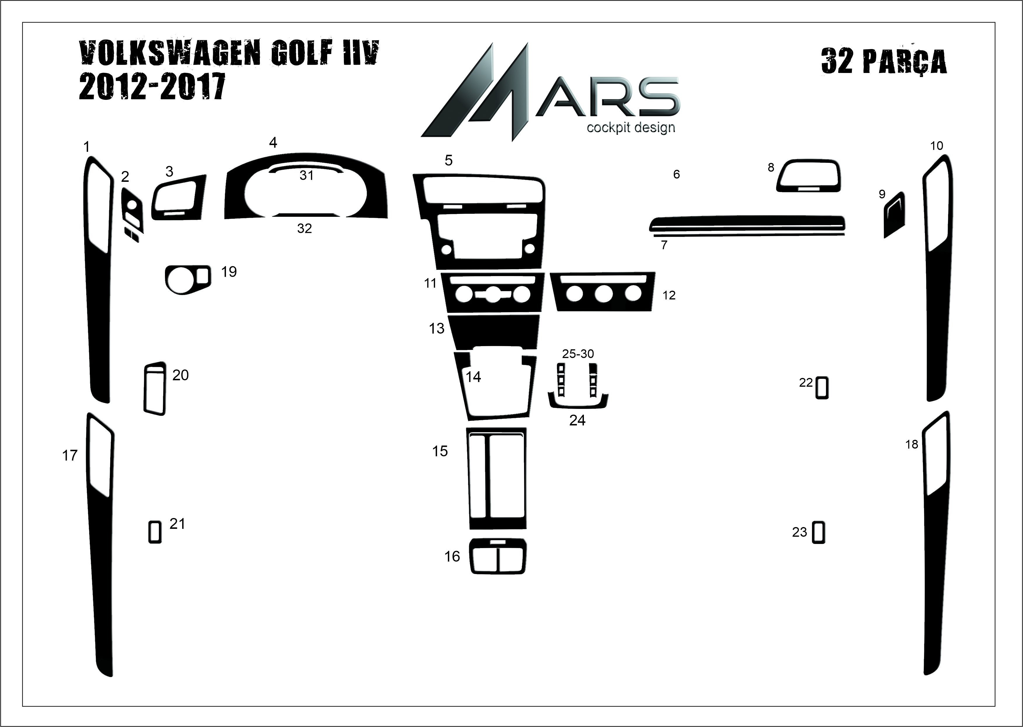 Volkswagen Golf 7 Torpido Kaplama 2012 - 2016 32 Parça FULL SET