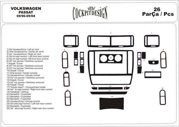 Консоль Volkswagen Passat шпон красного дерева 1996-2004 гг., 26 шт.