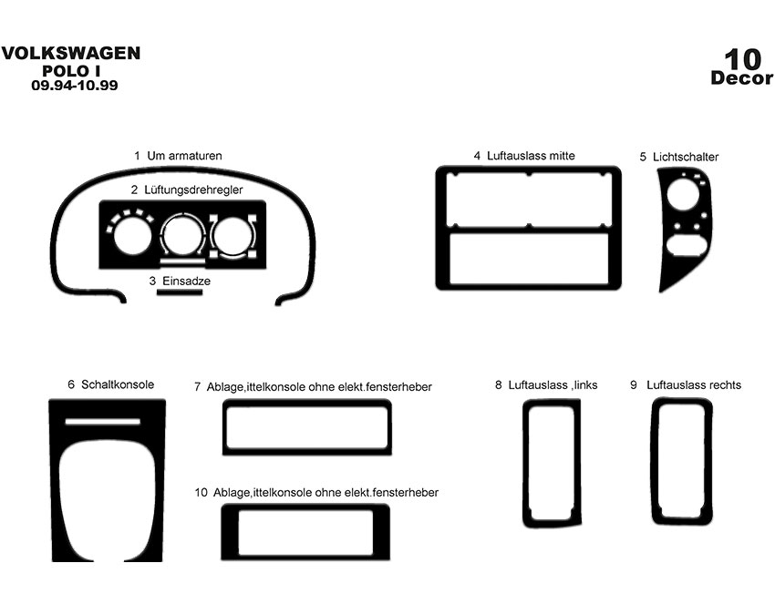 Volkswagen Polo Uyumlu Torpido Kaplama 1994-1999 10 Parça