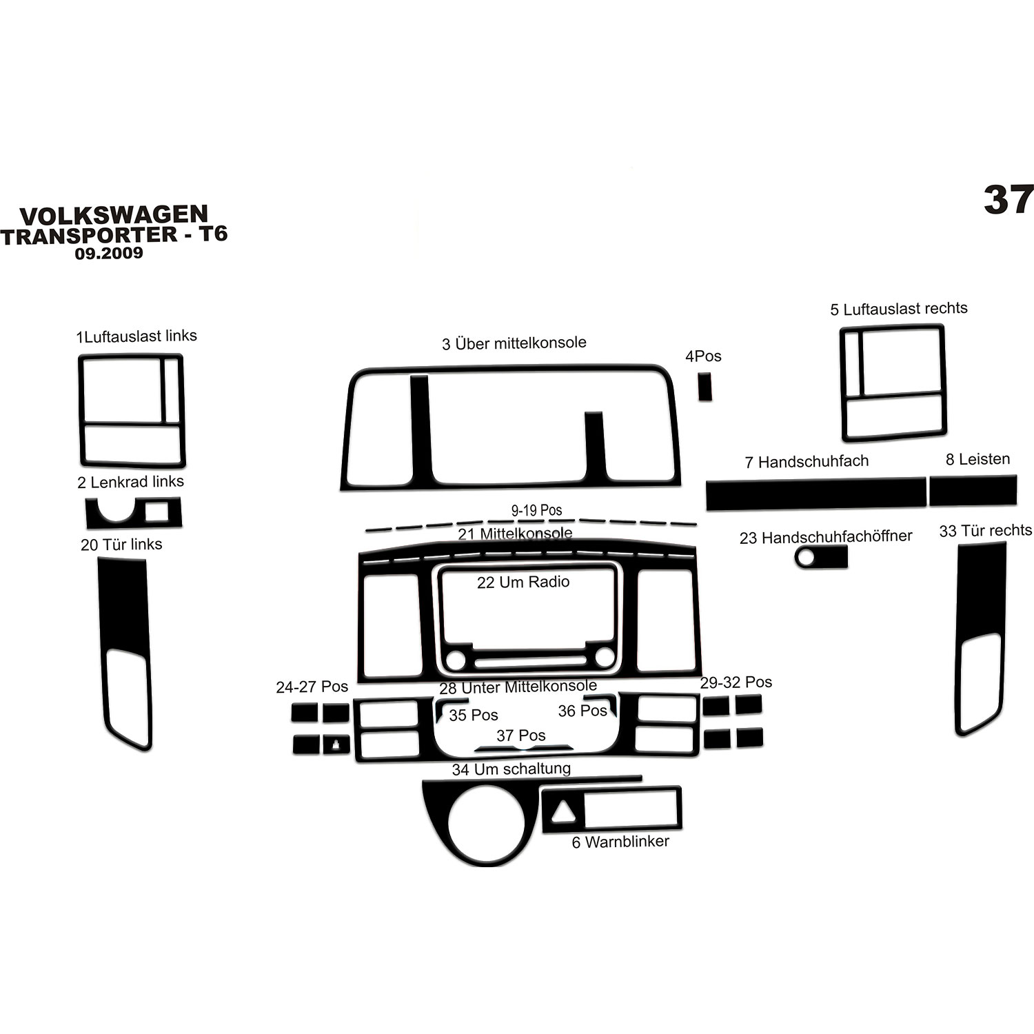Volkswagen Transporter T6 Torpido Kaplama 2009-2014 37 Parça